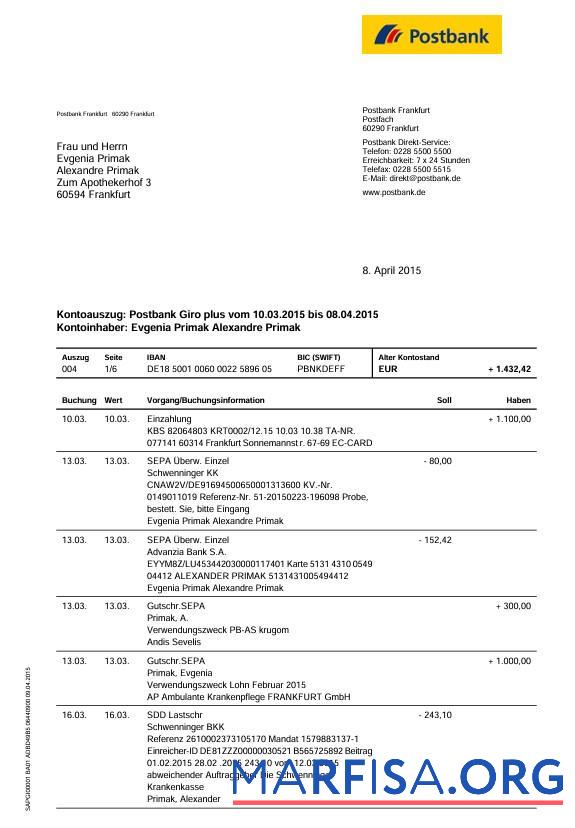 Downloadable Germany Postbank bank statement, 6 pages example